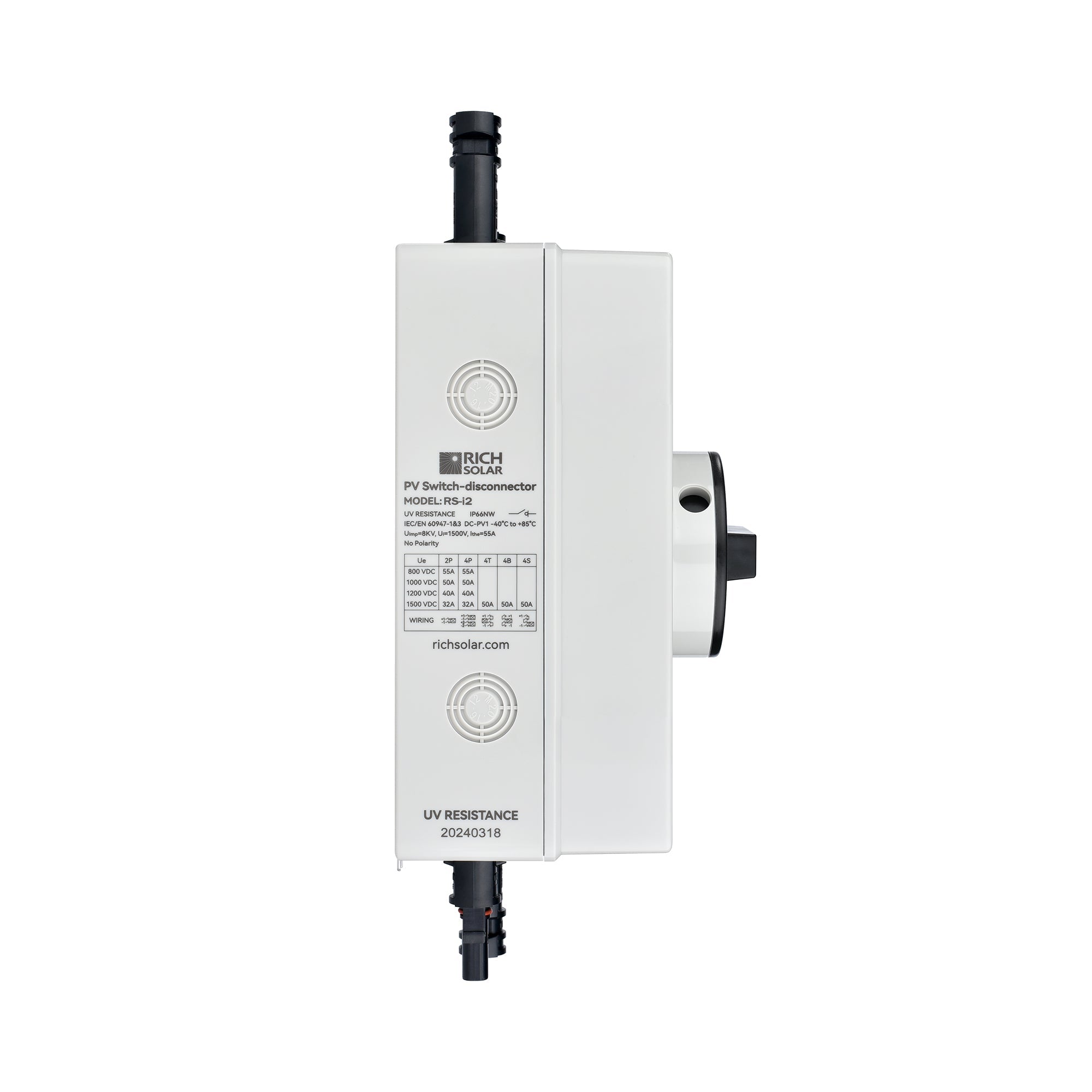 Rich Solar Solar PV DC Quick Disconnect Switch | Solar Array DC Quick Disconnect Switch | 1500 Volt 55 Amp | 2 Pole 1 String | Easy to Install