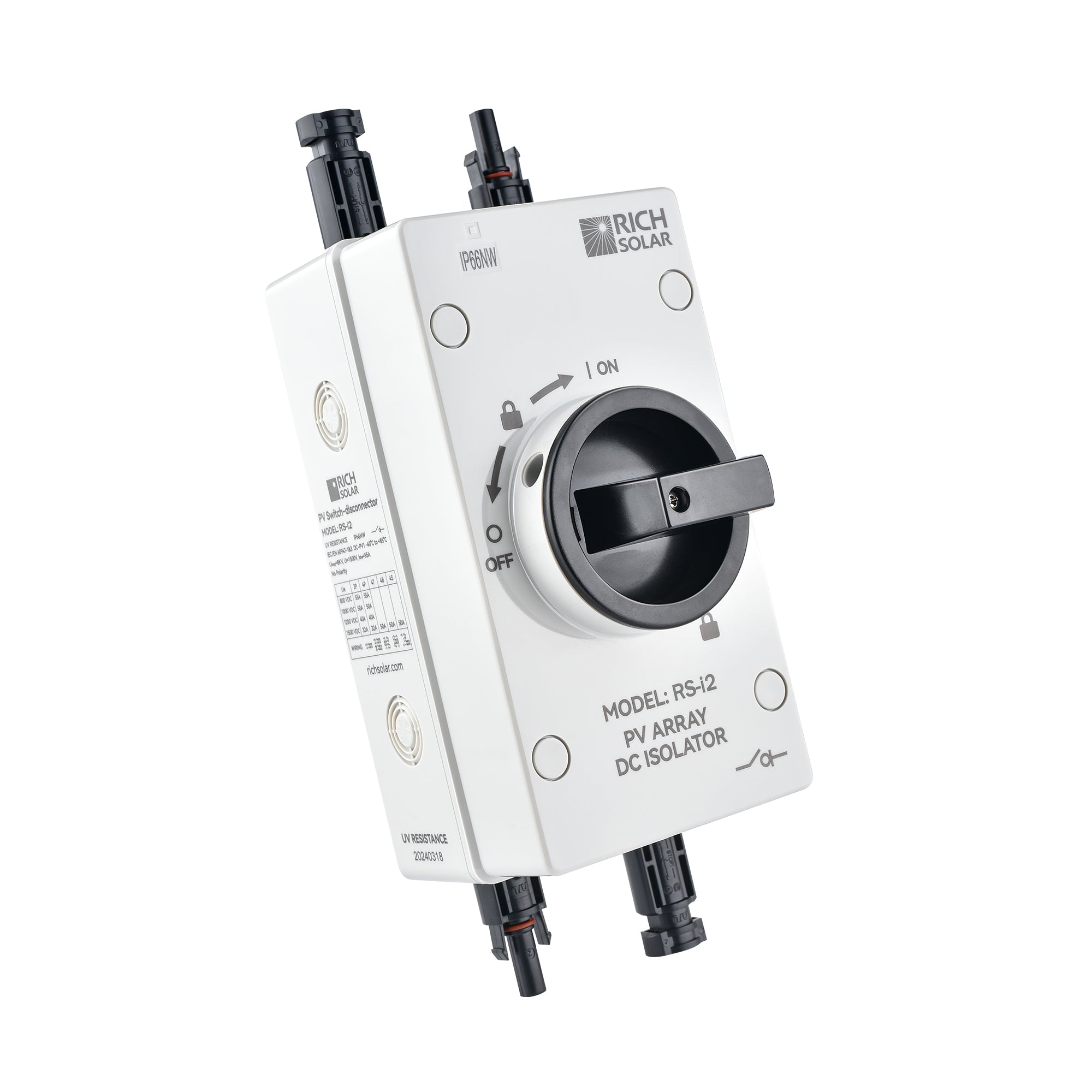 Rich Solar Solar PV DC Quick Disconnect Switch | Solar Array DC Quick Disconnect Switch | 1500 Volt 55 Amp | 2 Pole 1 String | Easy to Install
