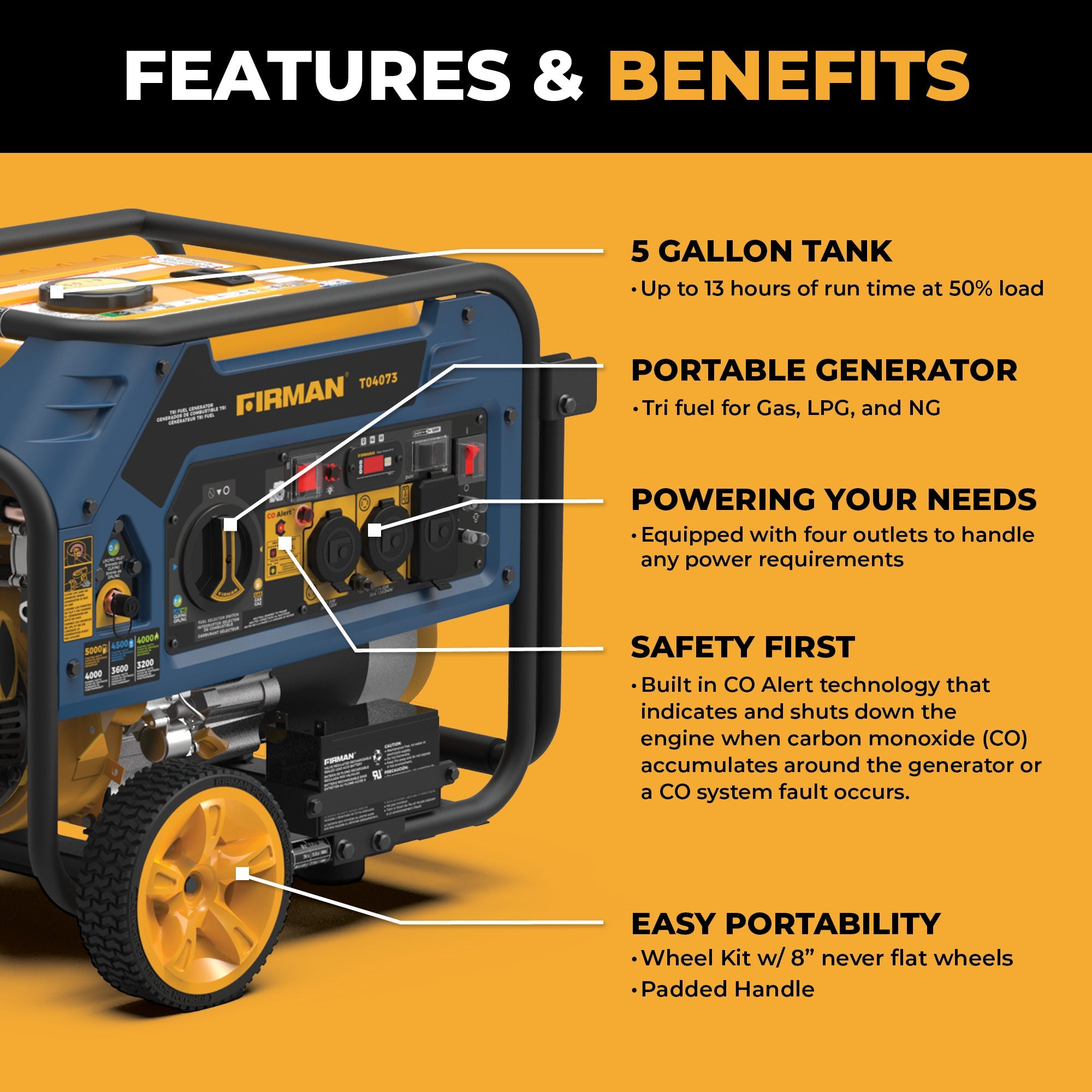 Tri Fuel Portable Generator 5000/4000W Electric Start 120/240V with CO ALERT