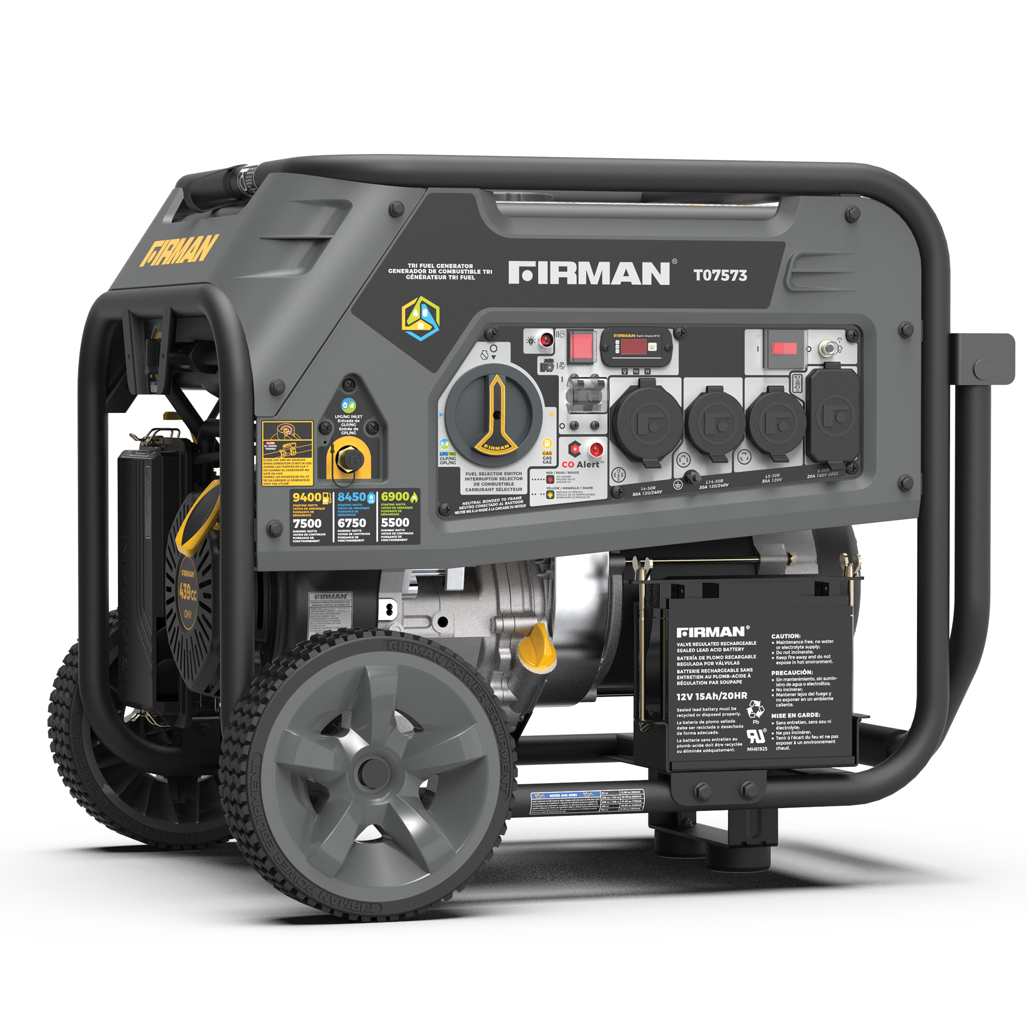 Tri Fuel Portable Generator 9400/7500W Electric Start 120/240V with CO Alert
