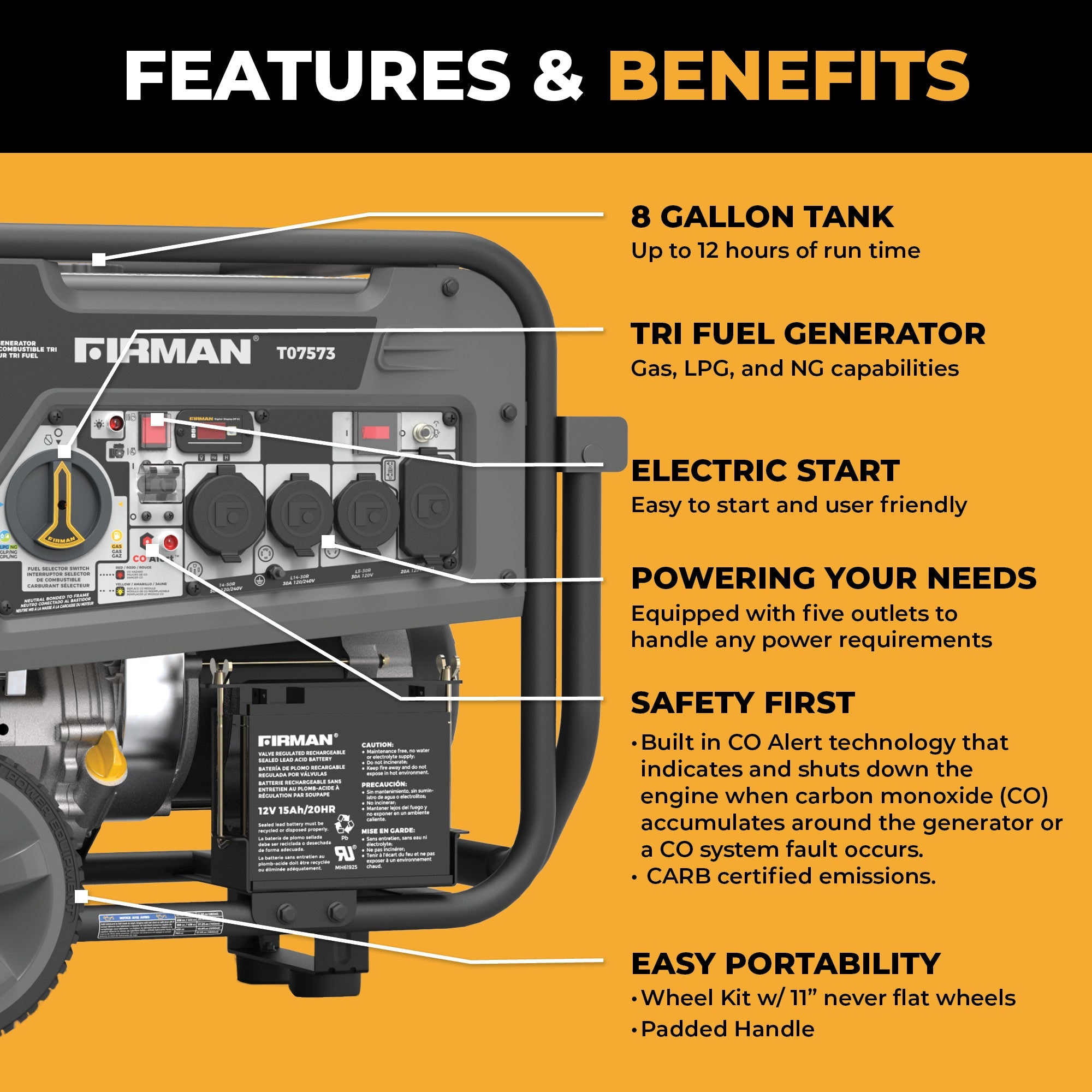 Tri Fuel Portable Generator 9400/7500W Electric Start 120/240V with CO Alert