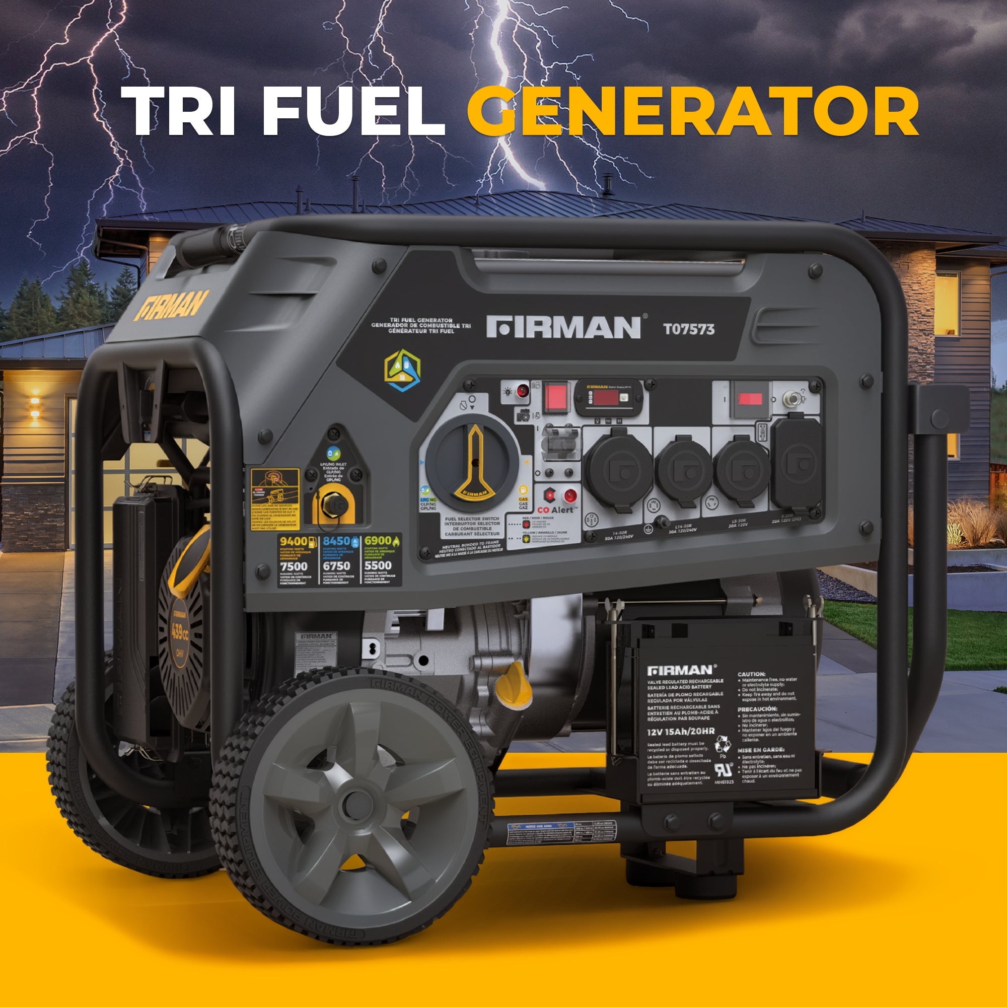 Tri Fuel Portable Generator 9400/7500W Electric Start 120/240V with CO Alert
