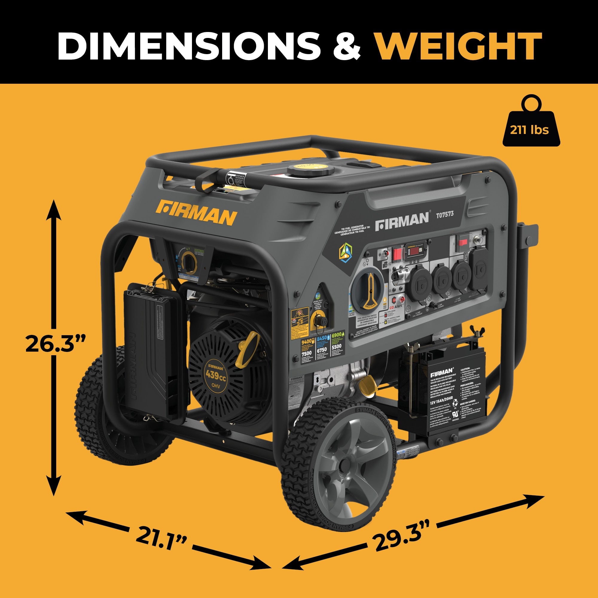 Tri Fuel Portable Generator 9400/7500W Electric Start 120/240V with CO Alert