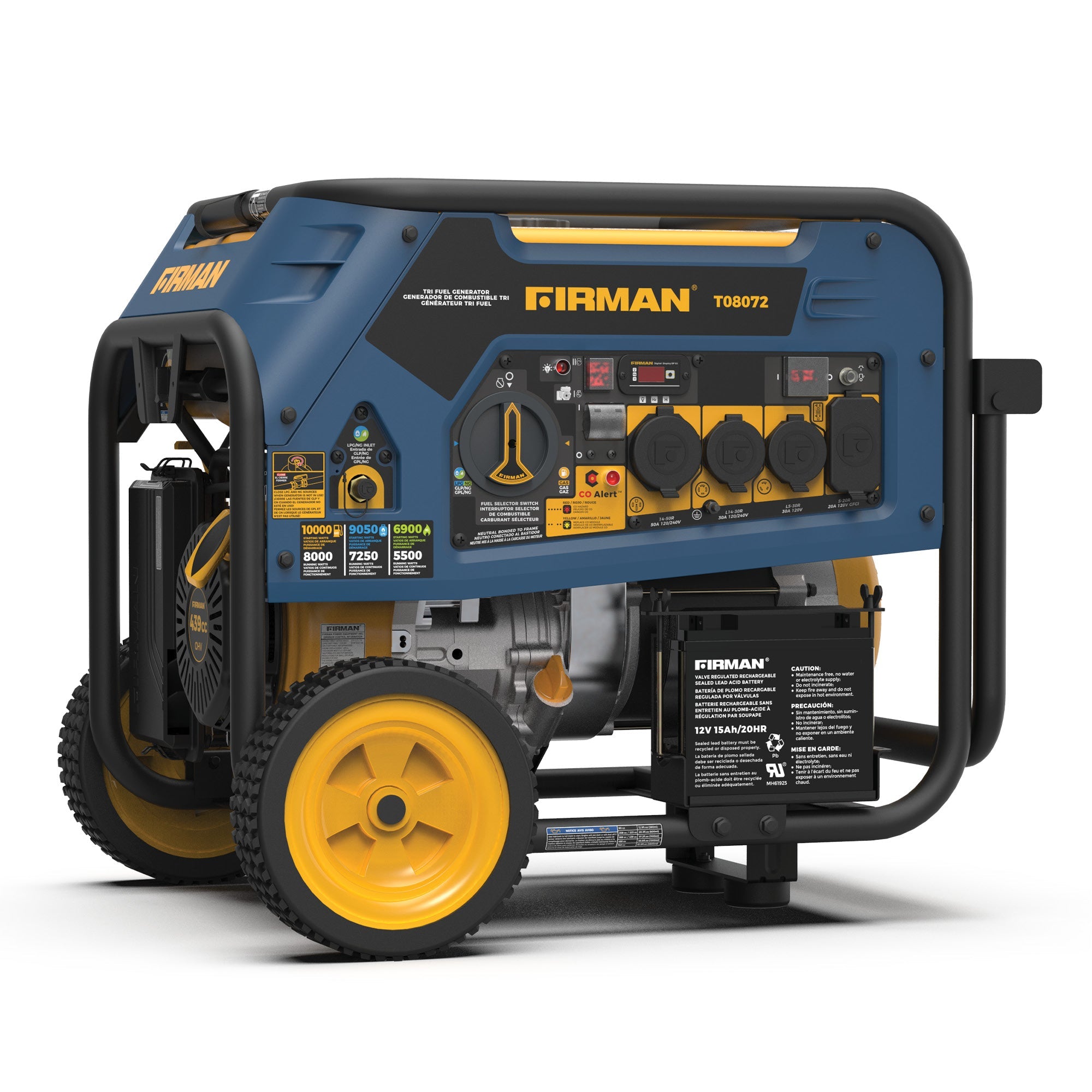 Tri Fuel Portable Generator 10000/8000W Electric Start 120/240V with CO ALERT