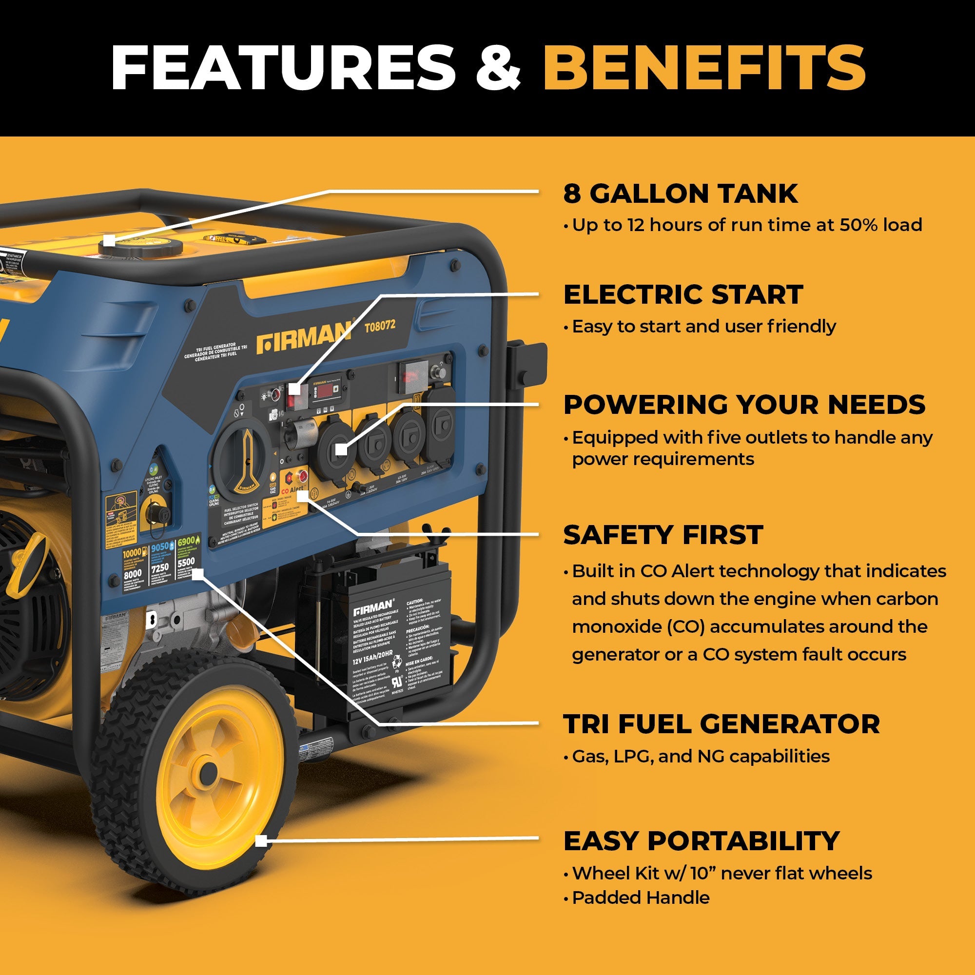 Tri Fuel Portable Generator 10000/8000W Electric Start 120/240V with CO ALERT