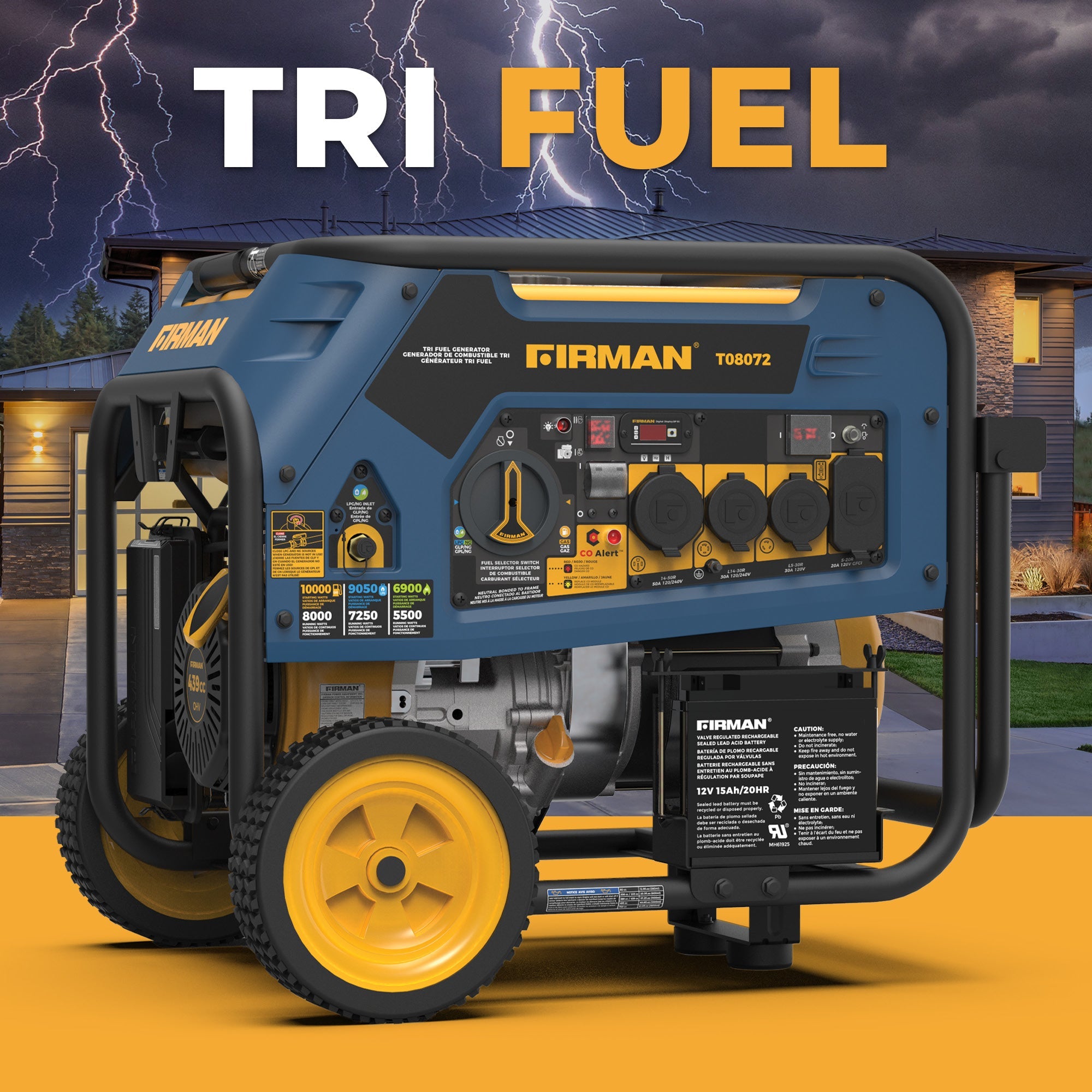 Tri Fuel Portable Generator 10000/8000W Electric Start 120/240V with CO ALERT