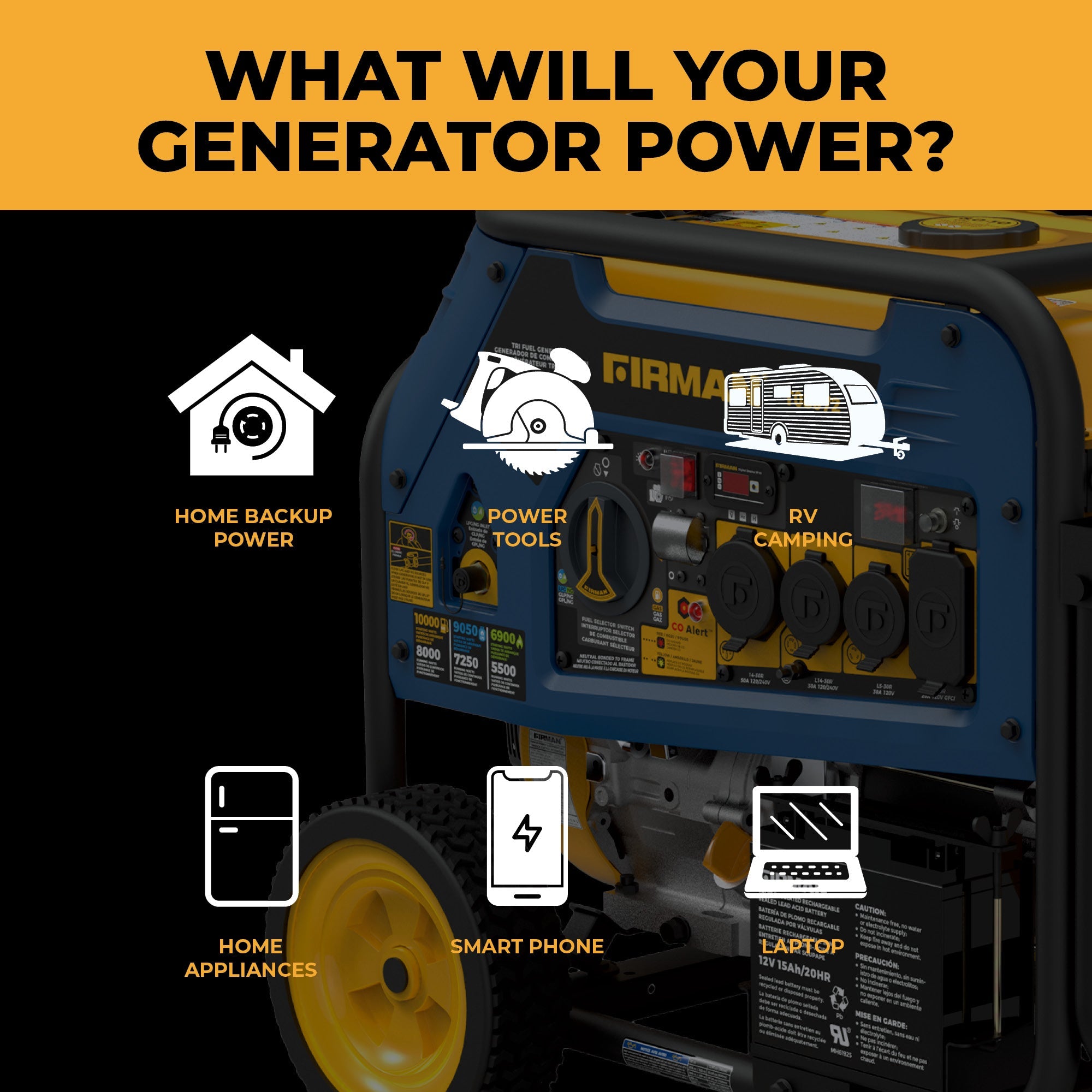 Tri Fuel Portable Generator 10000/8000W Electric Start 120/240V with CO ALERT