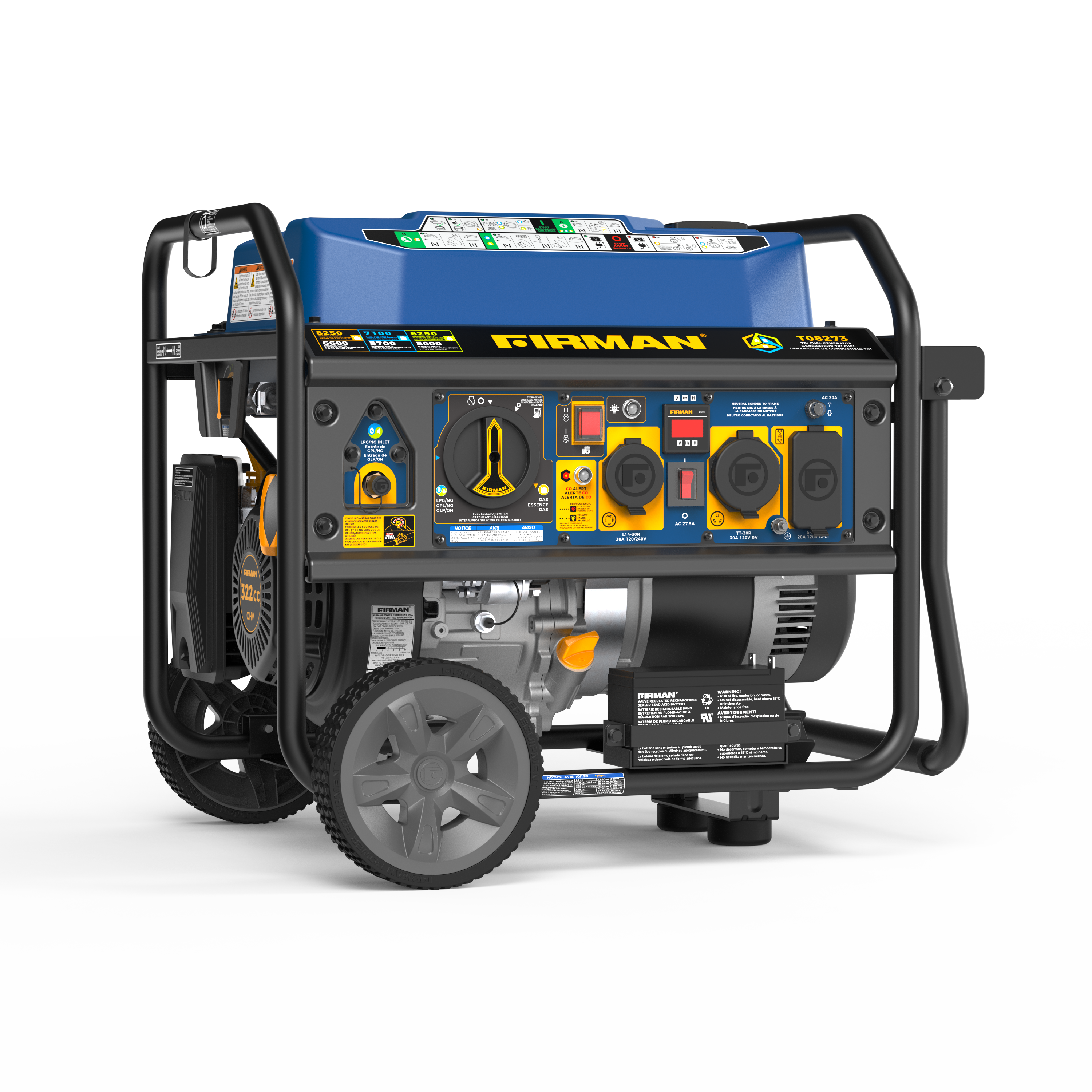 Tri Fuel Portable Generator 8250/6600W Electric Start Wheel Kit Cover & Cord CO Alert