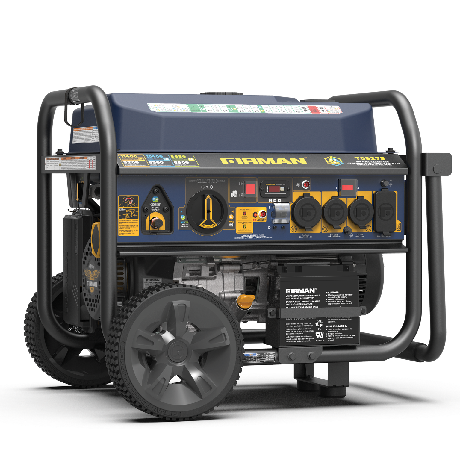 Tri Fuel Portable Generator 11400W Electric Start 120V/240V with CO Alert