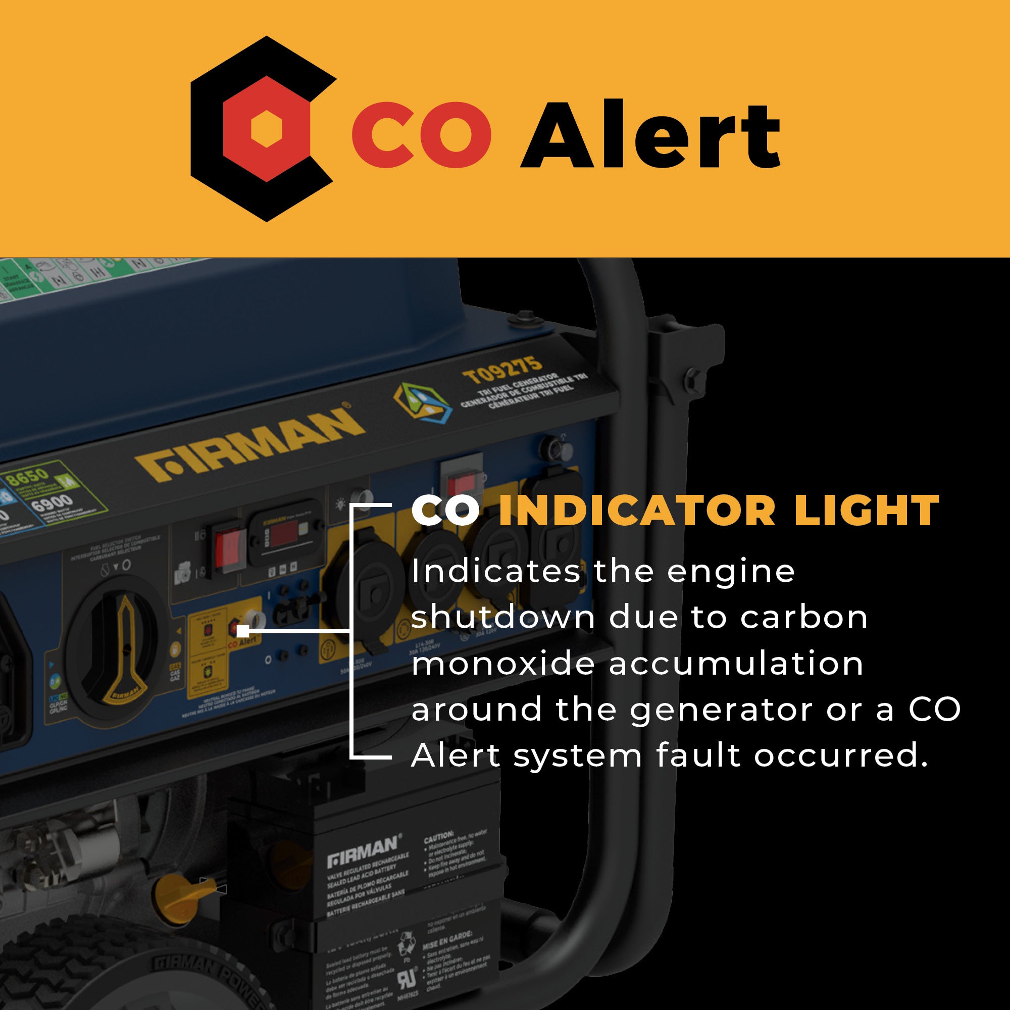 Tri Fuel Portable Generator 11400W Electric Start 120V/240V with CO Alert