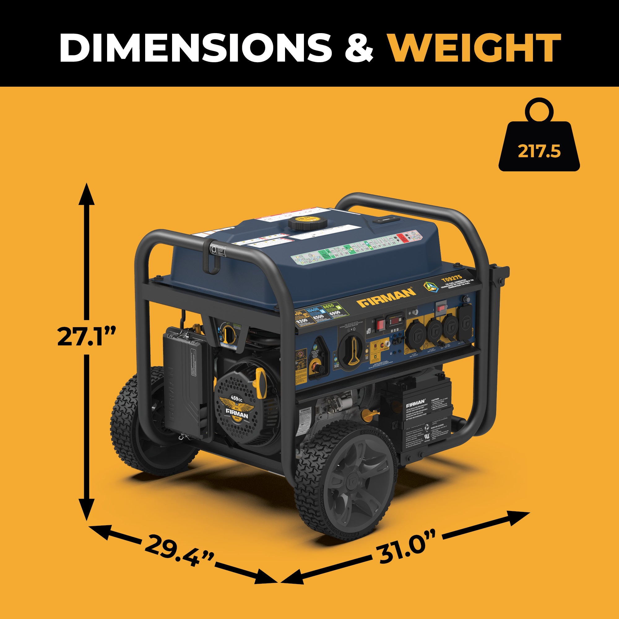 Tri Fuel Portable Generator 11400W Electric Start 120V/240V with CO Alert