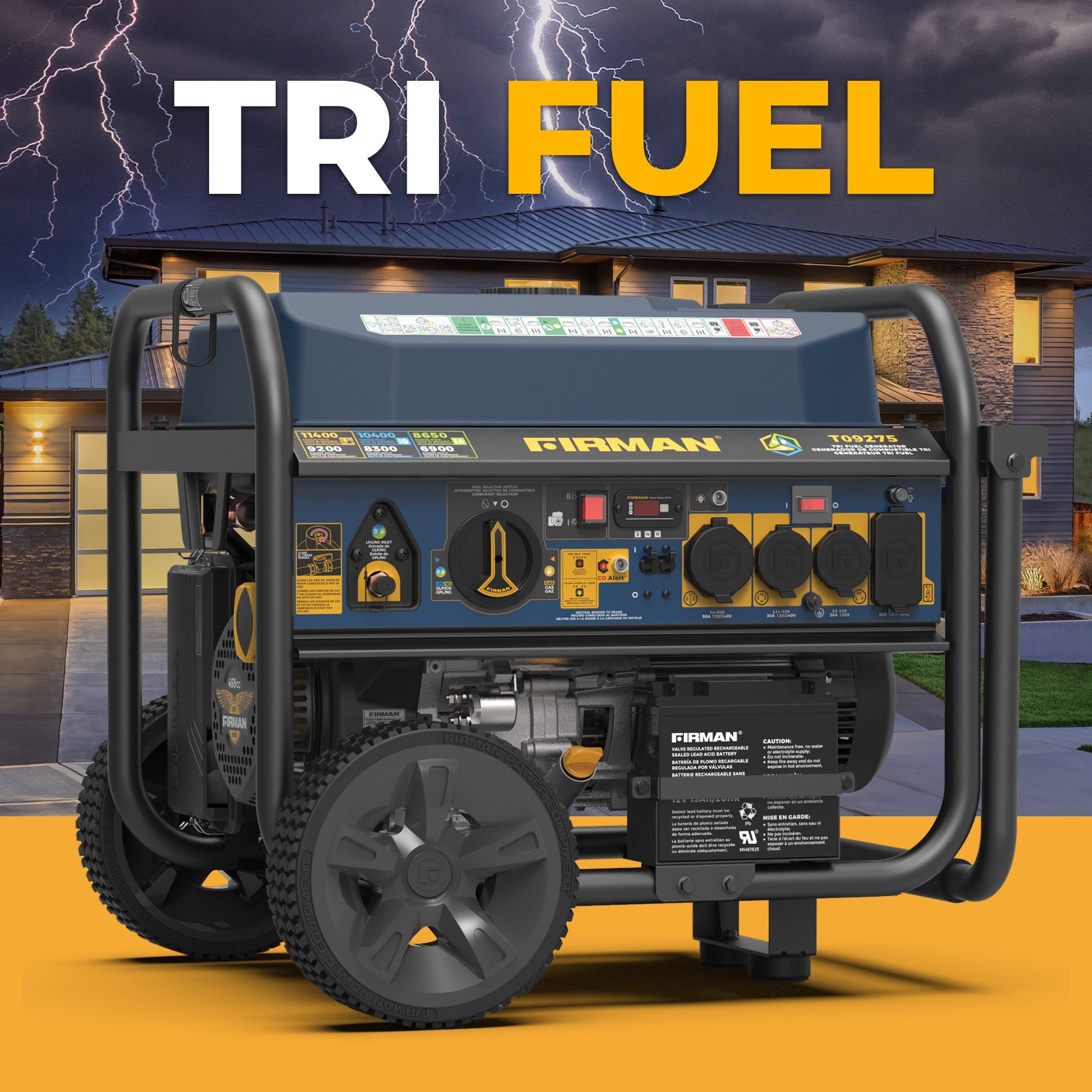 Tri Fuel Portable Generator 11400W Electric Start 120V/240V with CO Alert