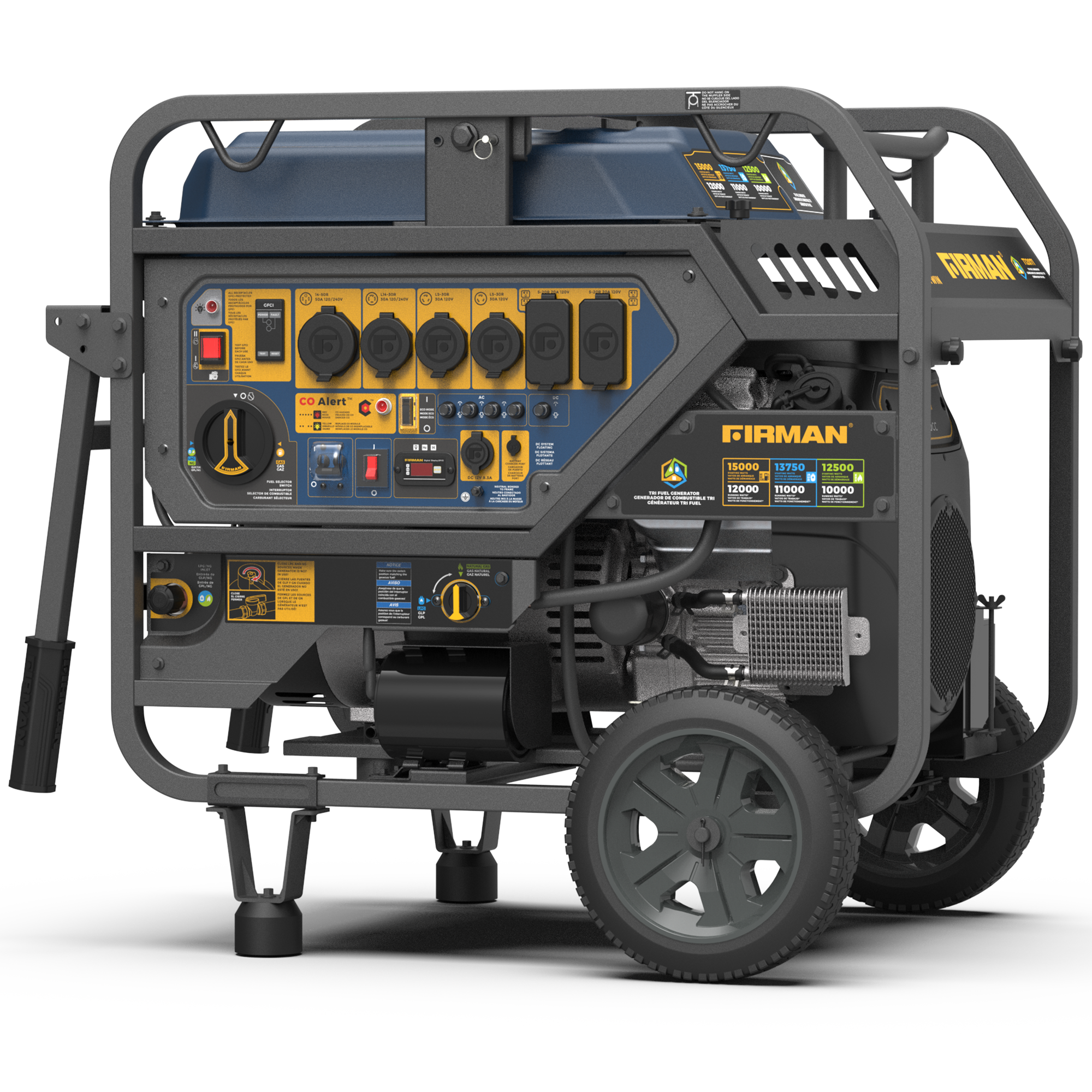 TRI FUEL PORTABLE GENERATOR 15000/12000W ELECTRIC START 120/240V WITH CO ALERT