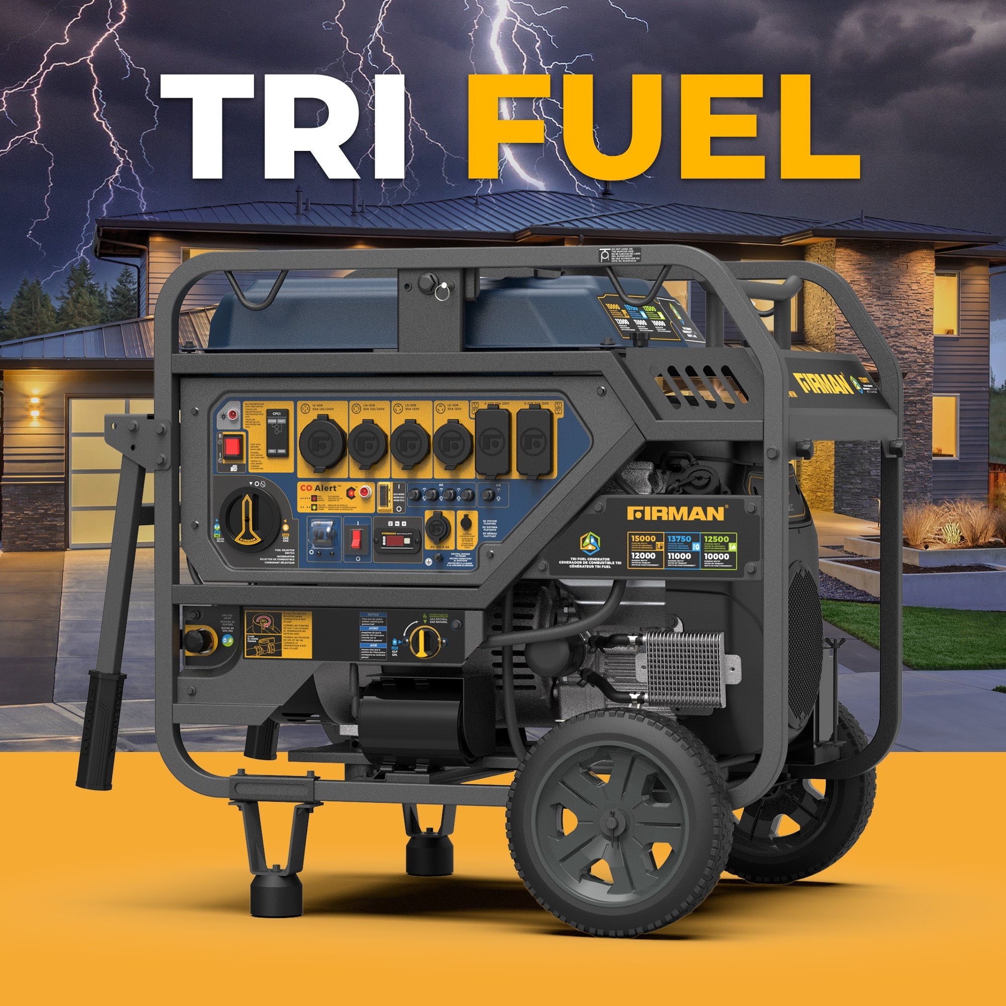TRI FUEL PORTABLE GENERATOR 15000/12000W ELECTRIC START 120/240V WITH CO ALERT