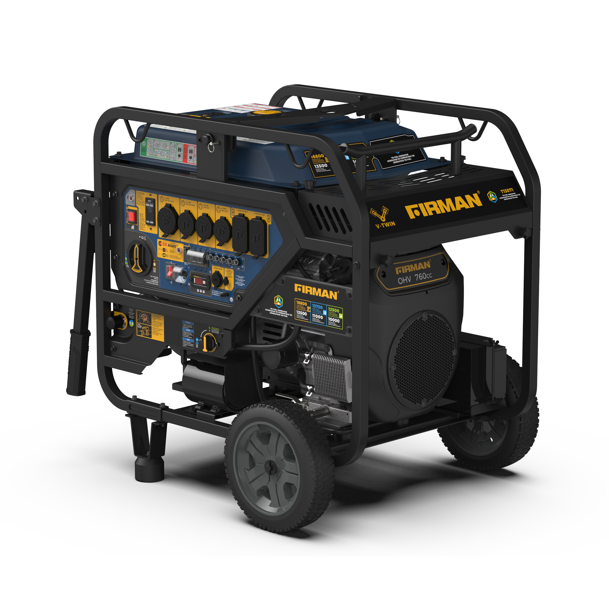 TRI FUEL PORTABLE GENERATOR 16800/13500W ELECTRIC START 120/240V WITH CO ALERT