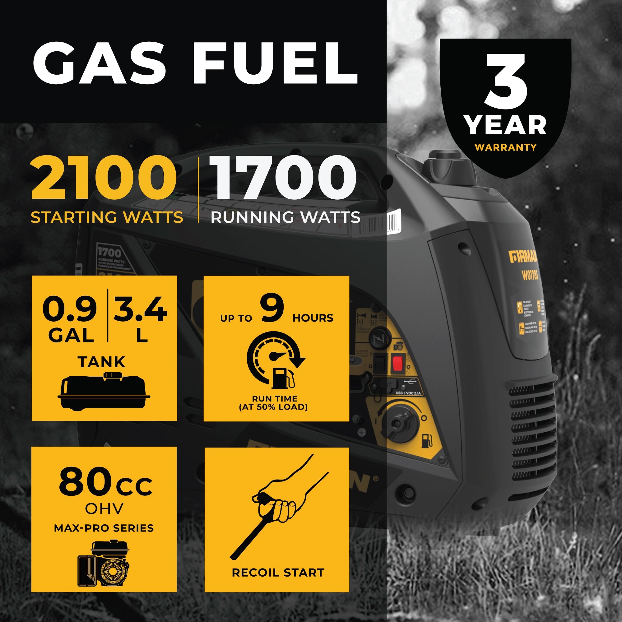 Inverter Portable Generator 2100/1700W Recoil Start