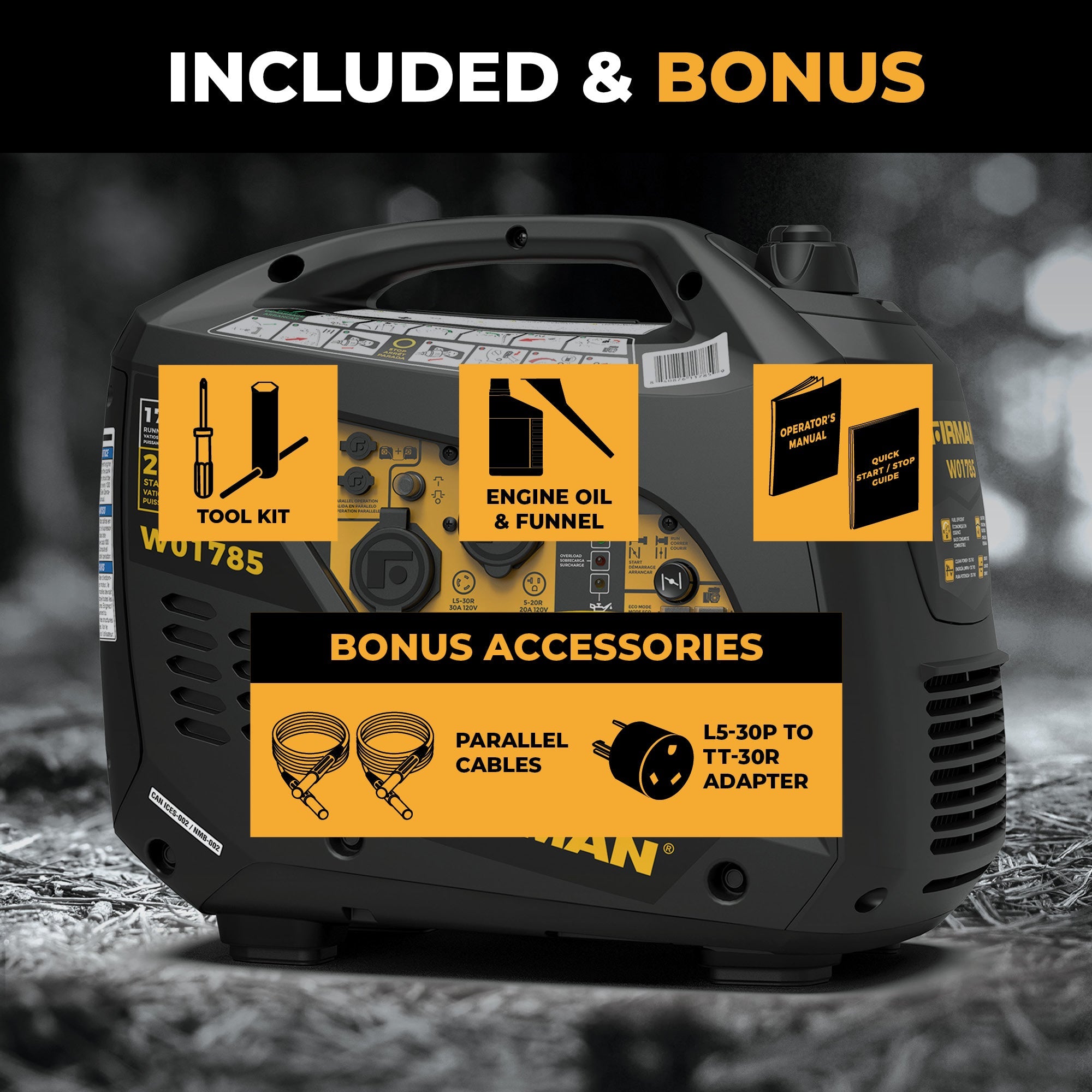 Inverter Portable Generator 2100/1700W Recoil Start with CO Alert