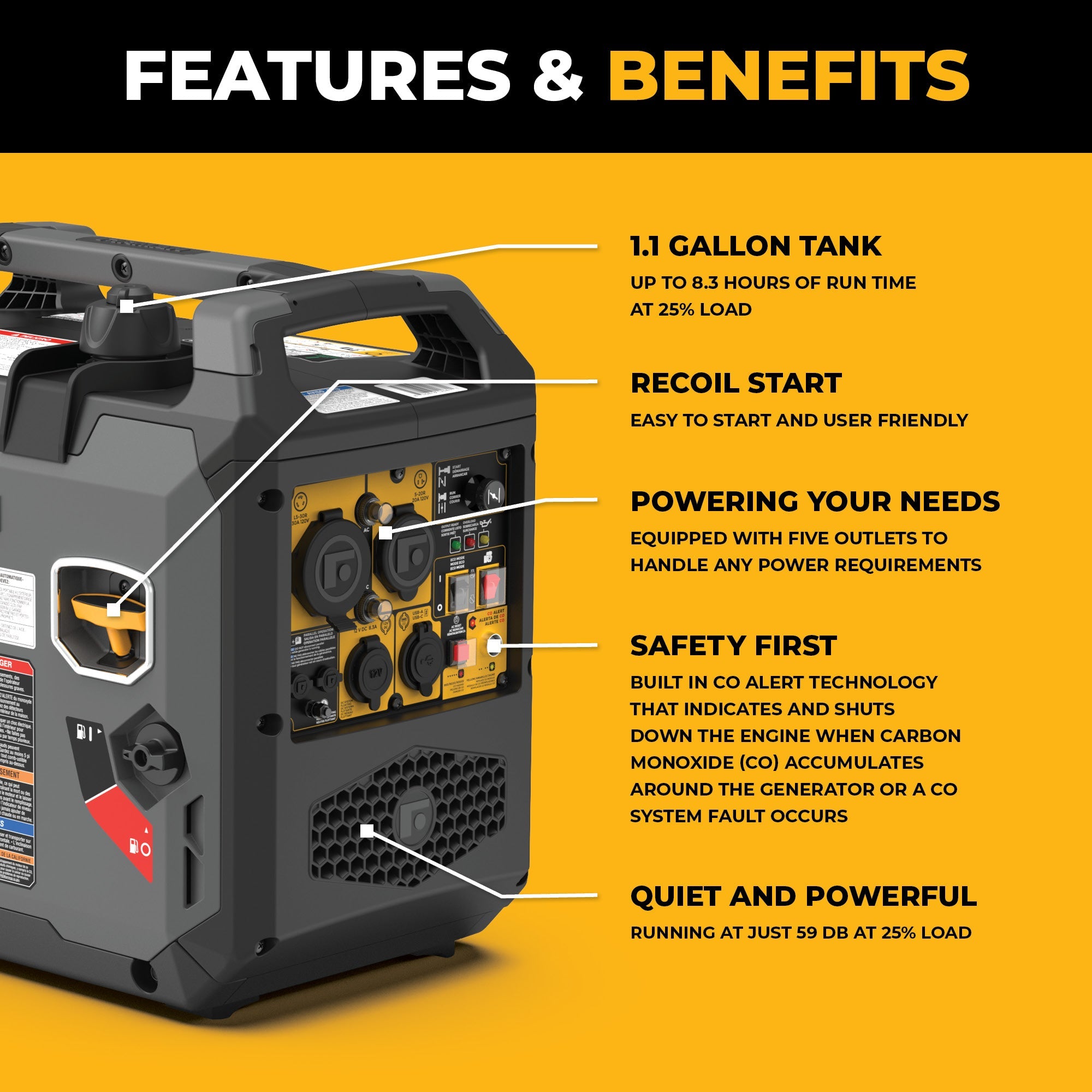 Inverter Gas Portable Generator 2500/2000W Recoil Start with Power Cord and CO ALERT