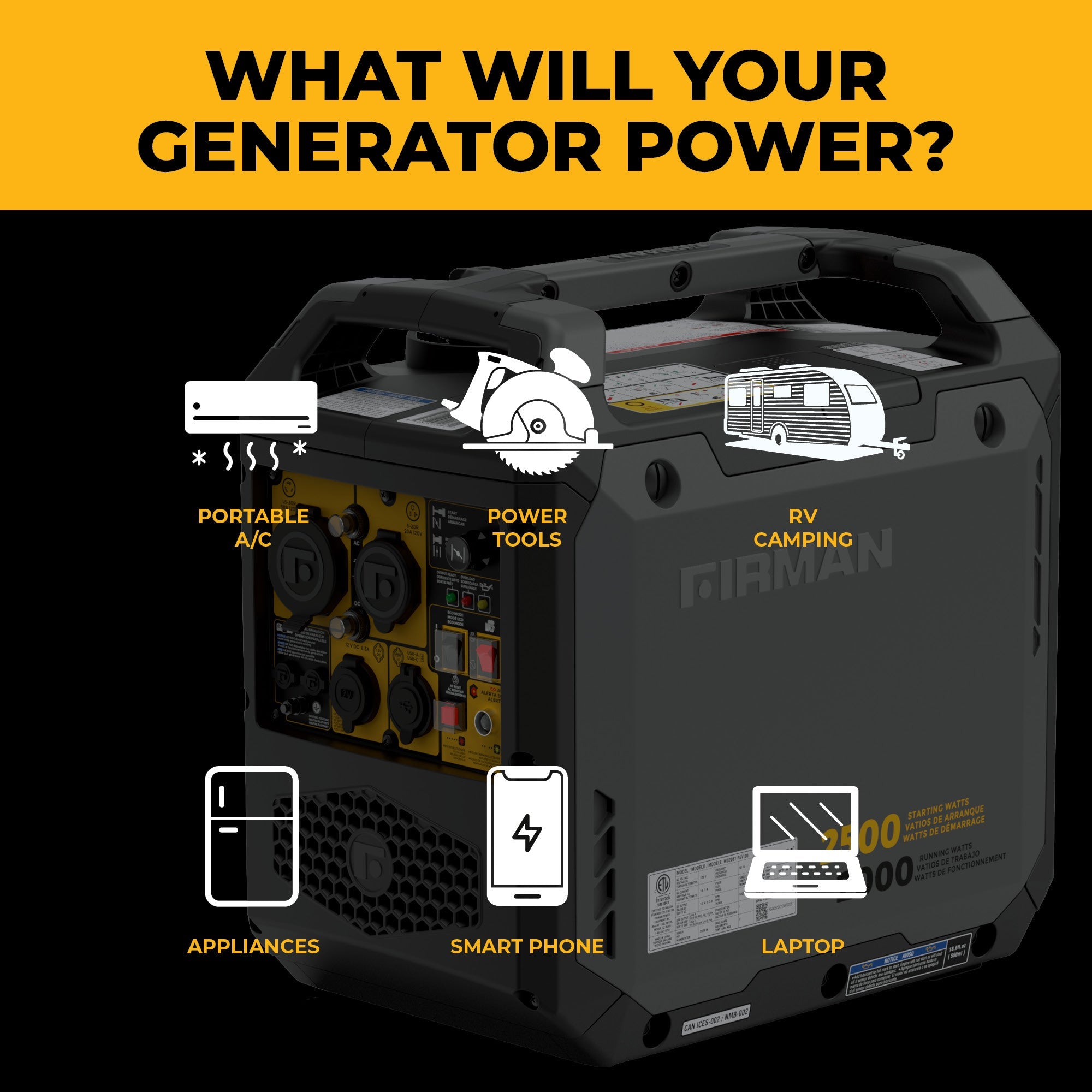 Inverter Gas Portable Generator 2500/2000W Recoil Start with Power Cord and CO ALERT