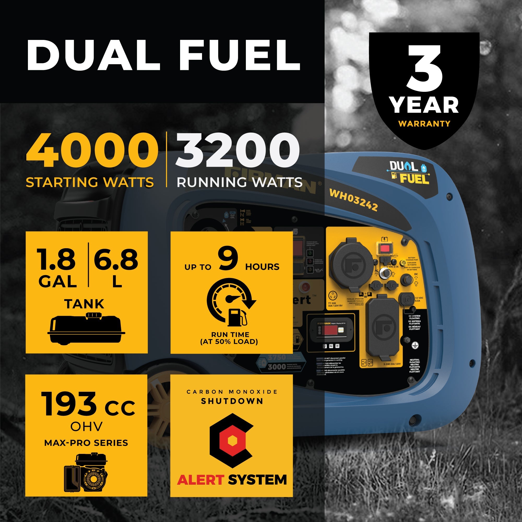 Dual Fuel Inverter Portable Generator 4000/3200W Electric Start with CO ALERT
