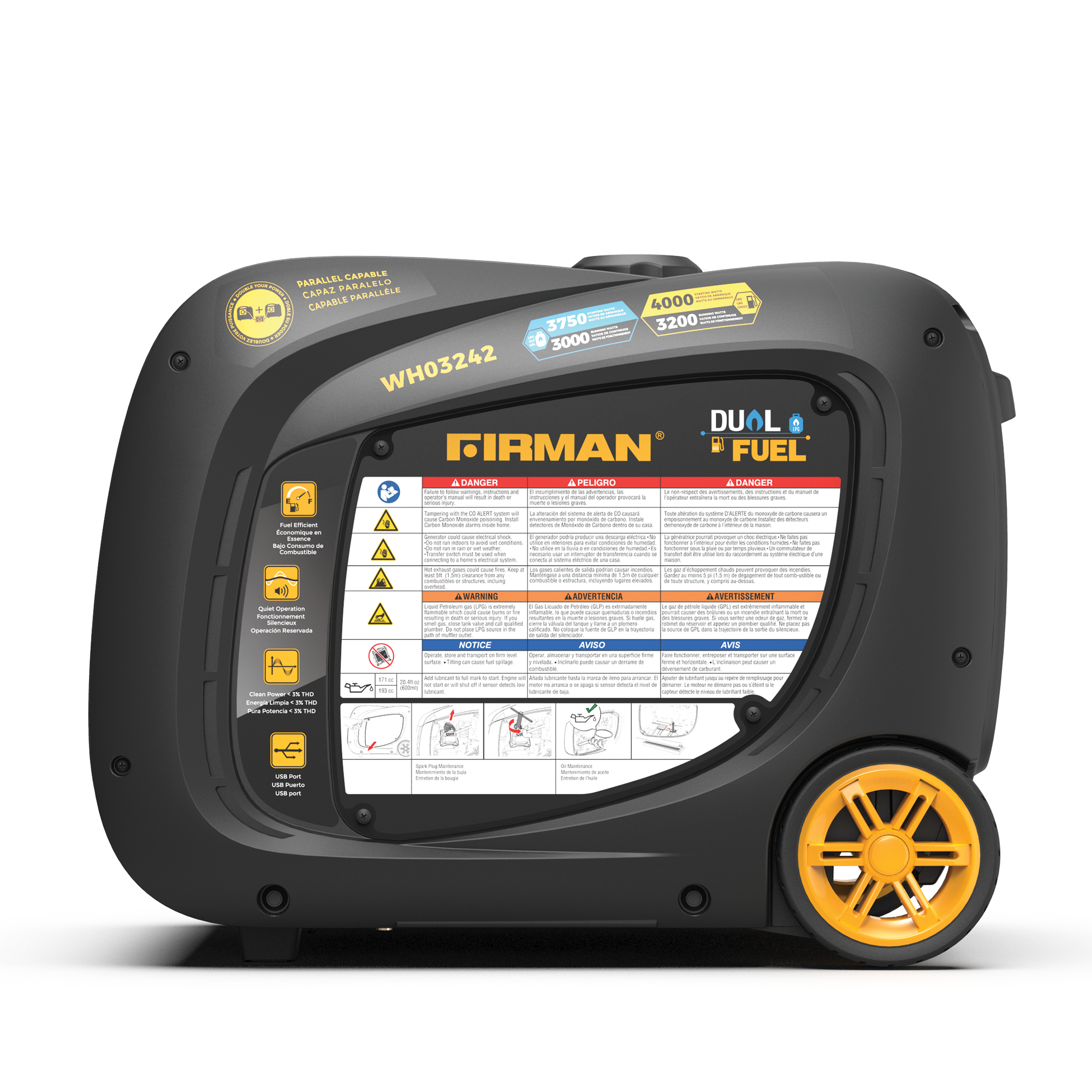 Dual Fuel Inverter Portable Generator 4000/3200W Electric Start with CO ALERT