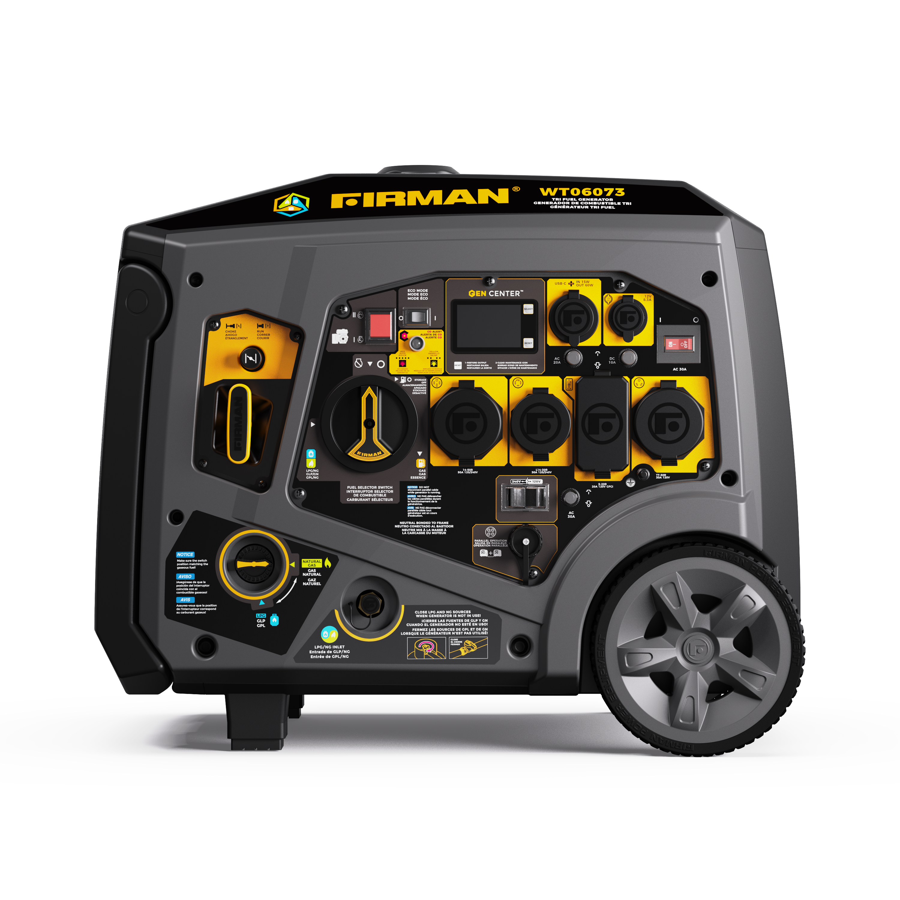 Tri Fuel Inverter Portable Generator 7500/6000W Electric Start 120/240V Parallel Ready CO Alert