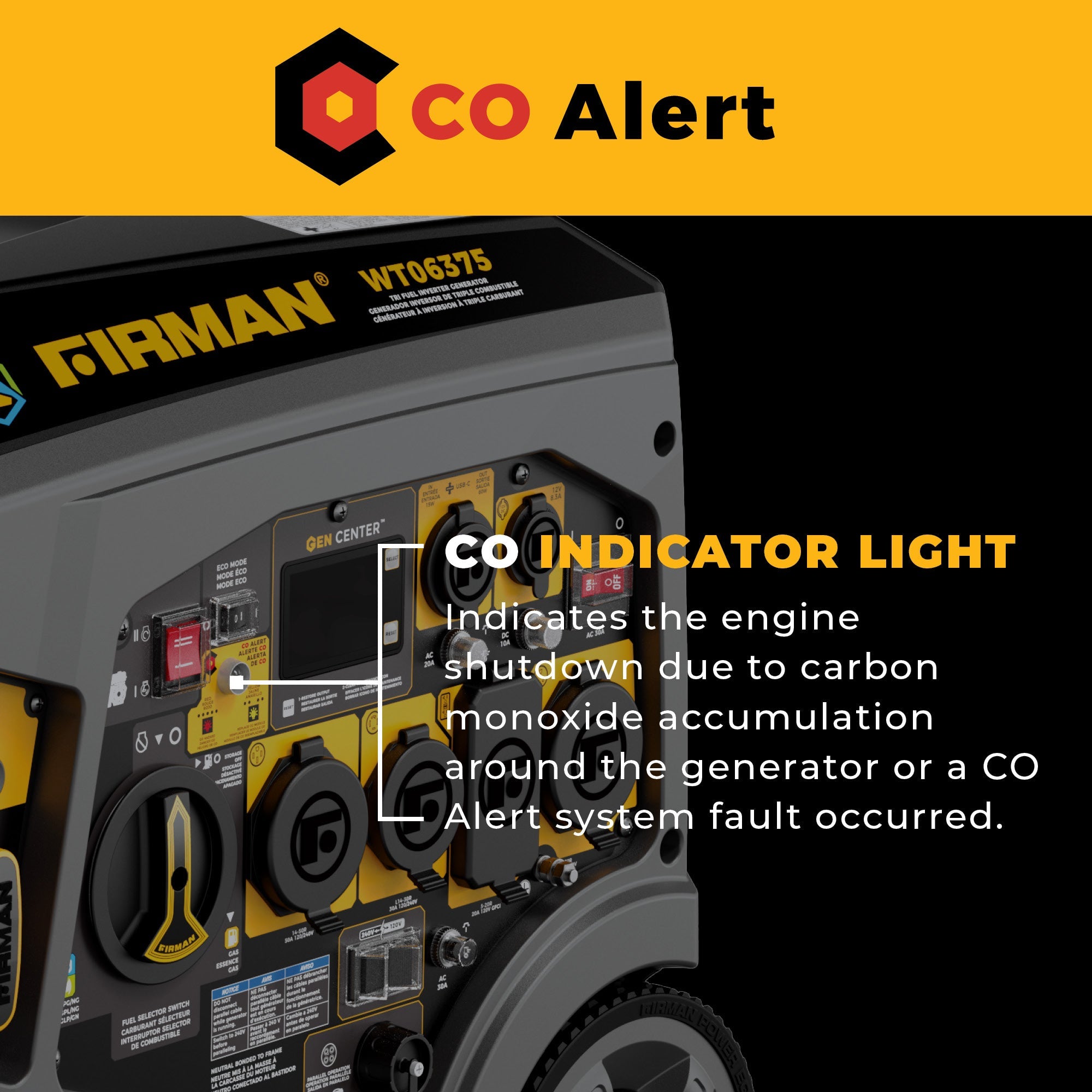 Tri-Fuel Inverter Portable Generator 7850/6300 Watt Electric Start 120/240V Parallel Ready with CO Alert